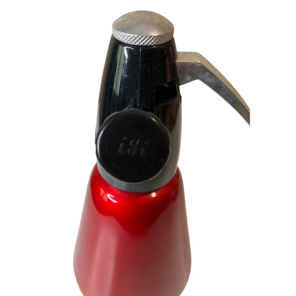 Vintage 1960s Red Enamel Metal Seltzer Bottle Austria MCM Mid Century Modern